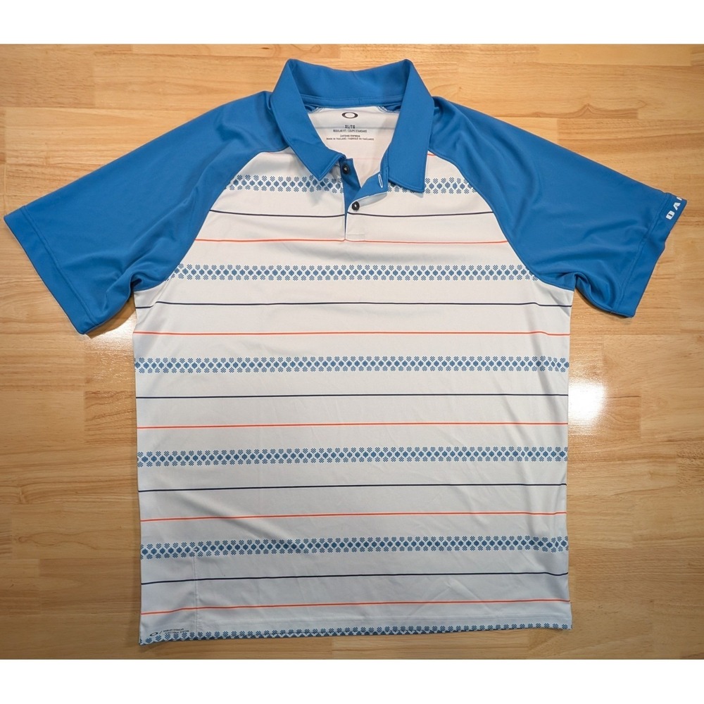 Oakley Mens XL‎ Regular Fit Polo Shirt Short Sleeve Blue White Stripe Golf